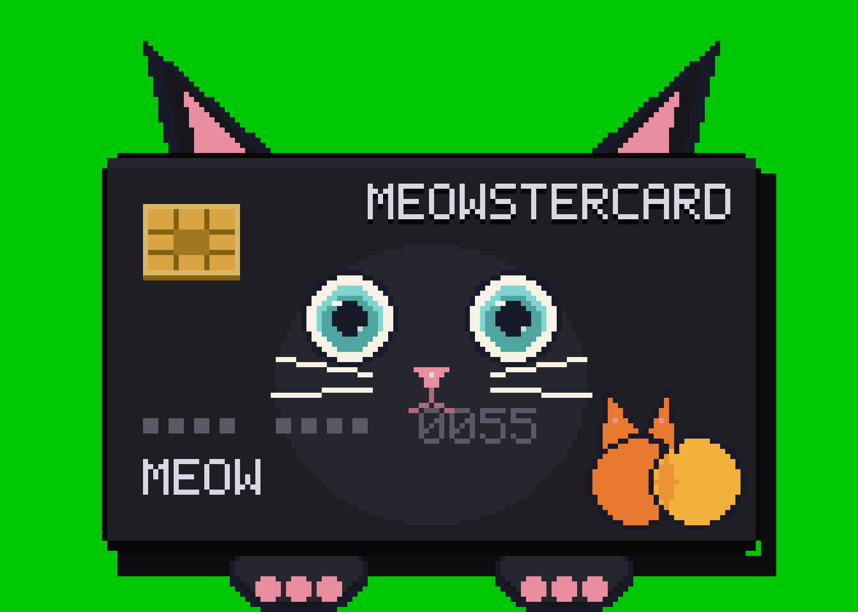 MEOWSTERCARD pixel art — a debit card that is a cat