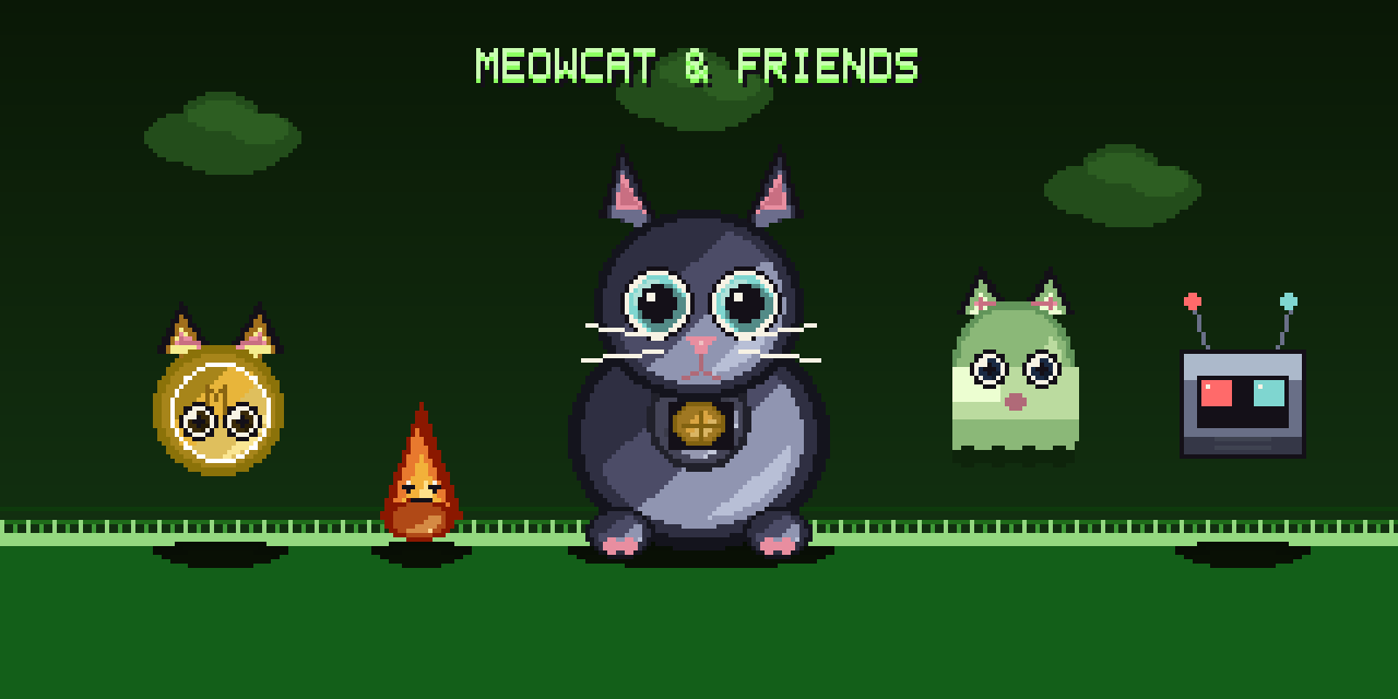 MEOWCAT and friends — pixel-art scene with coin-cat, flame, ghost-cat and robo-cat